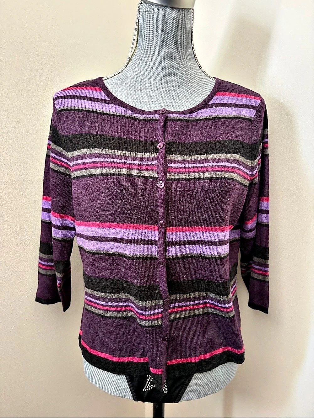 Y2K Striped Girly Cardigan in Purple & Pink3/4 Sleeve Medium Style&co.